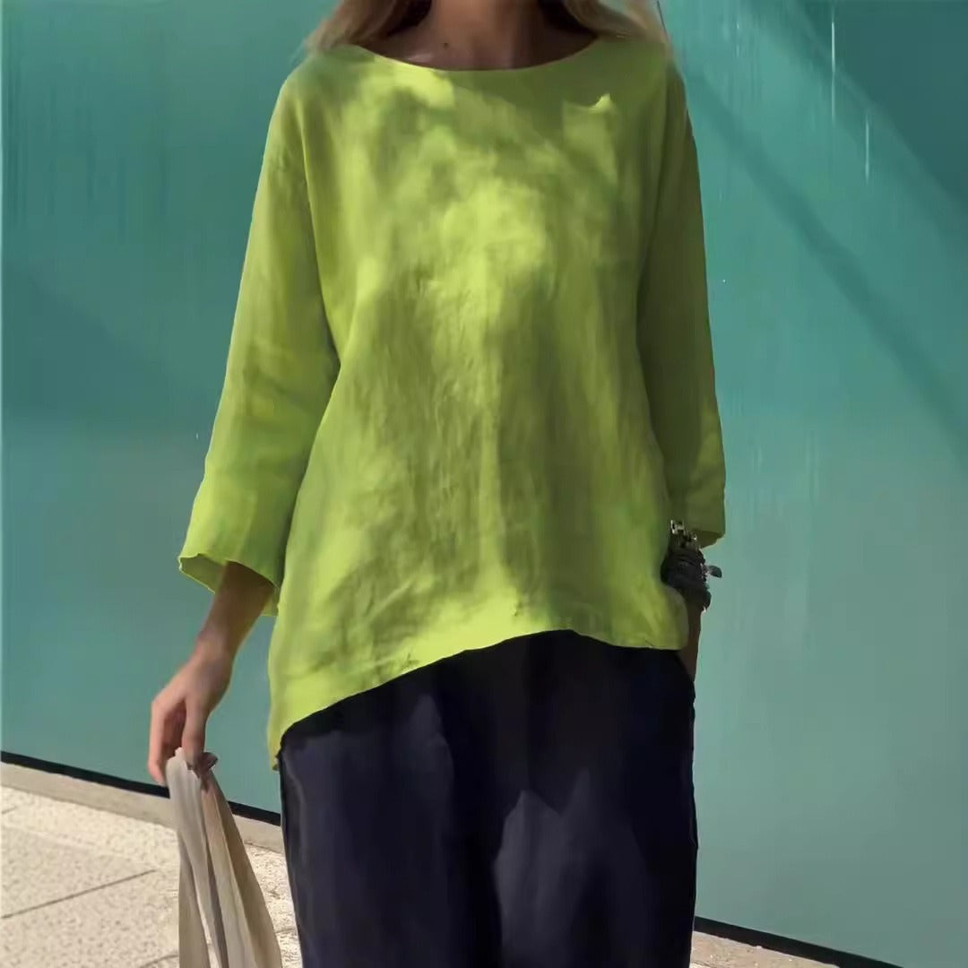 Women’s Casual Top - Cotton Linen - Relaxed Fit - Boat Neck - Asymmetrical Hem