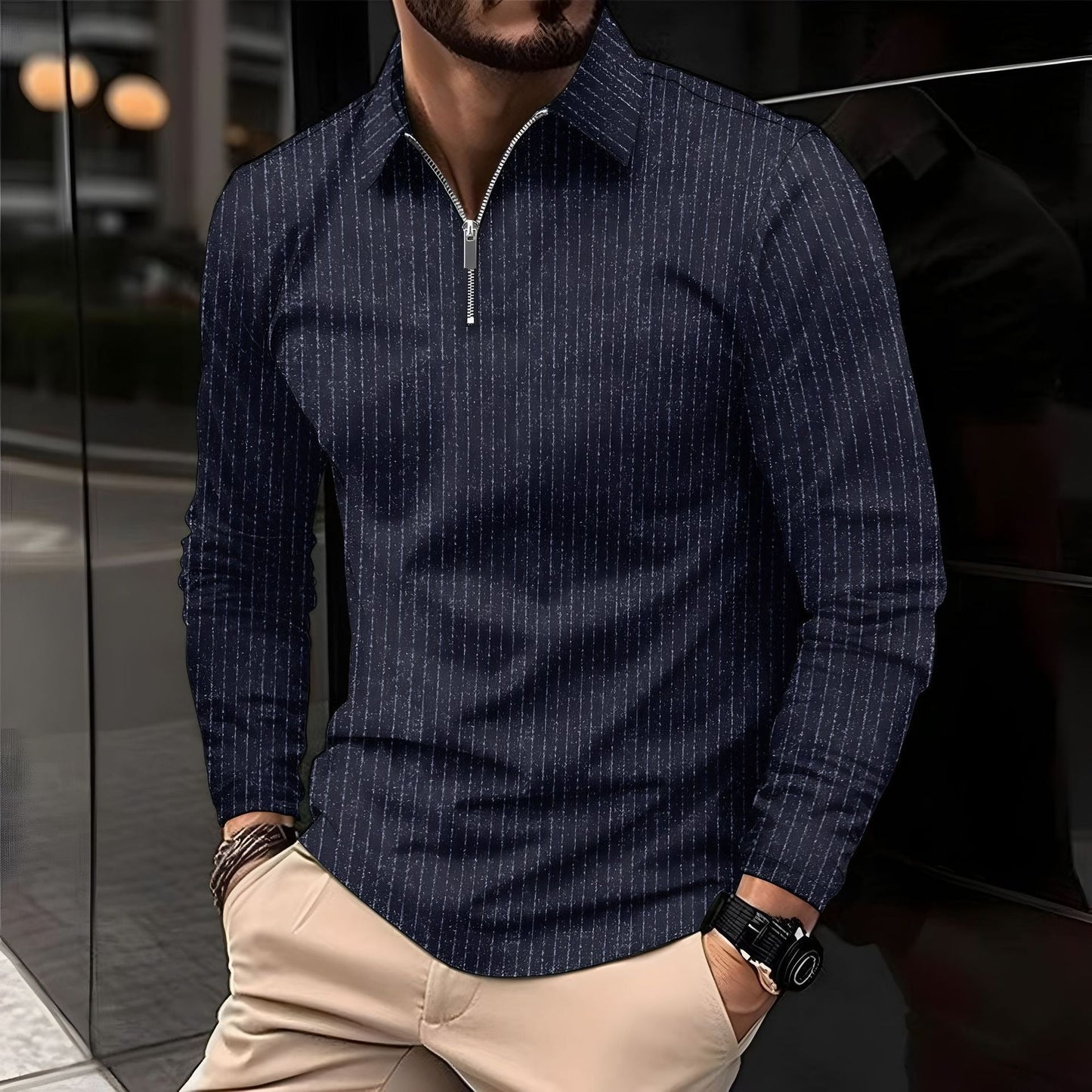 Men’s Long Sleeve Shirt – Slim Fit – Standing Collar – Zipper Front – Cotton