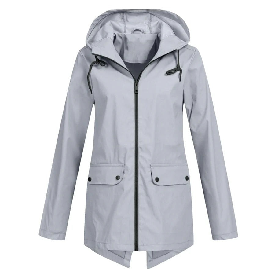 Women’s Rain Jacket – Relaxed Fit – Water-Resistant – Hooded – Medium Length – Zip Front