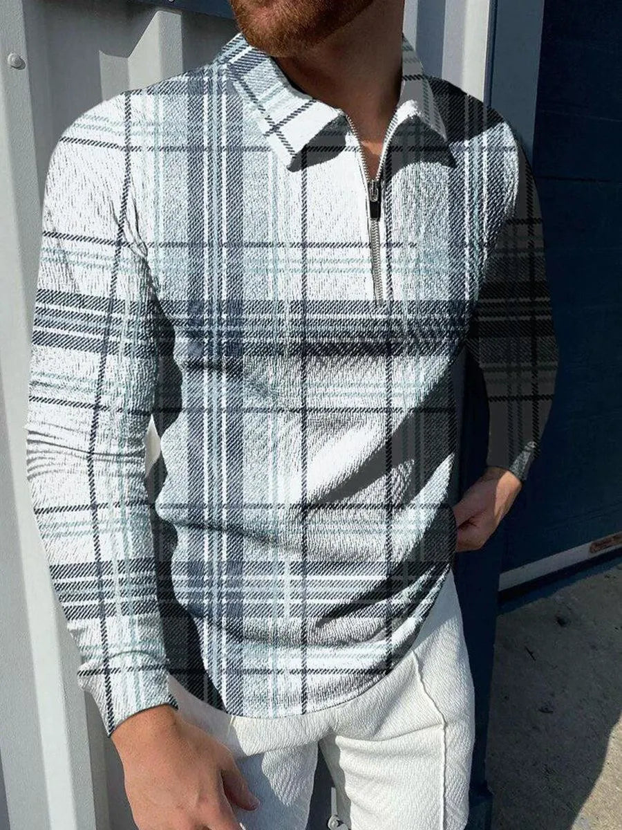 Men’s Hip-Length Shirt Regular Fit - Cotton Blend - Stand Collar V-Neck - Two-Button Placket