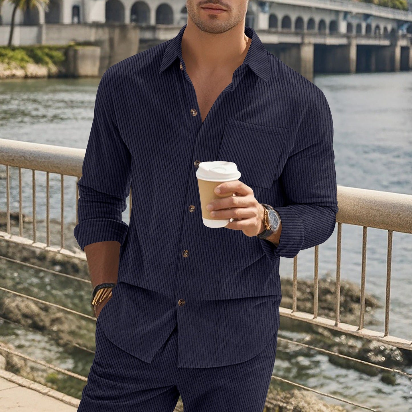 Men’s Long Sleeve Shirt – Slim Fit – Cotton Feel – Button-Up – Vertical Striped Design