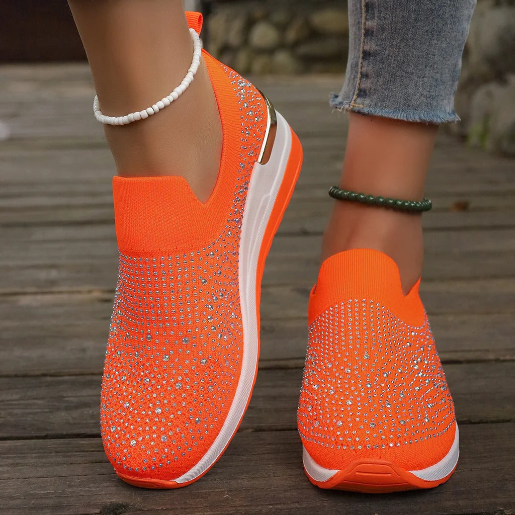 Women’s Slip-On Sneakers – Knit Upper – Glitter Detail – Cushioned Sole – Low Top