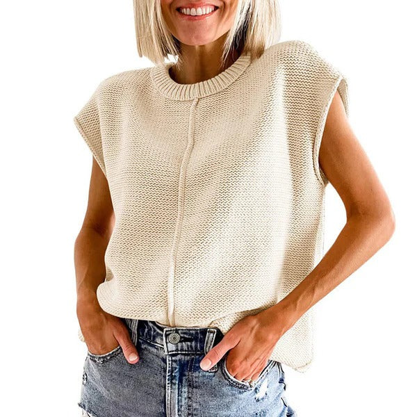 Women’s Sleeveless Knitted Top – Relaxed Fit – Ribbed Neckline – Cotton Blend