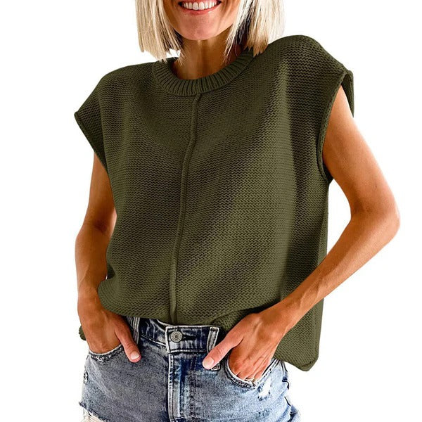 Women’s Sleeveless Knitted Top – Relaxed Fit – Ribbed Neckline – Cotton Blend