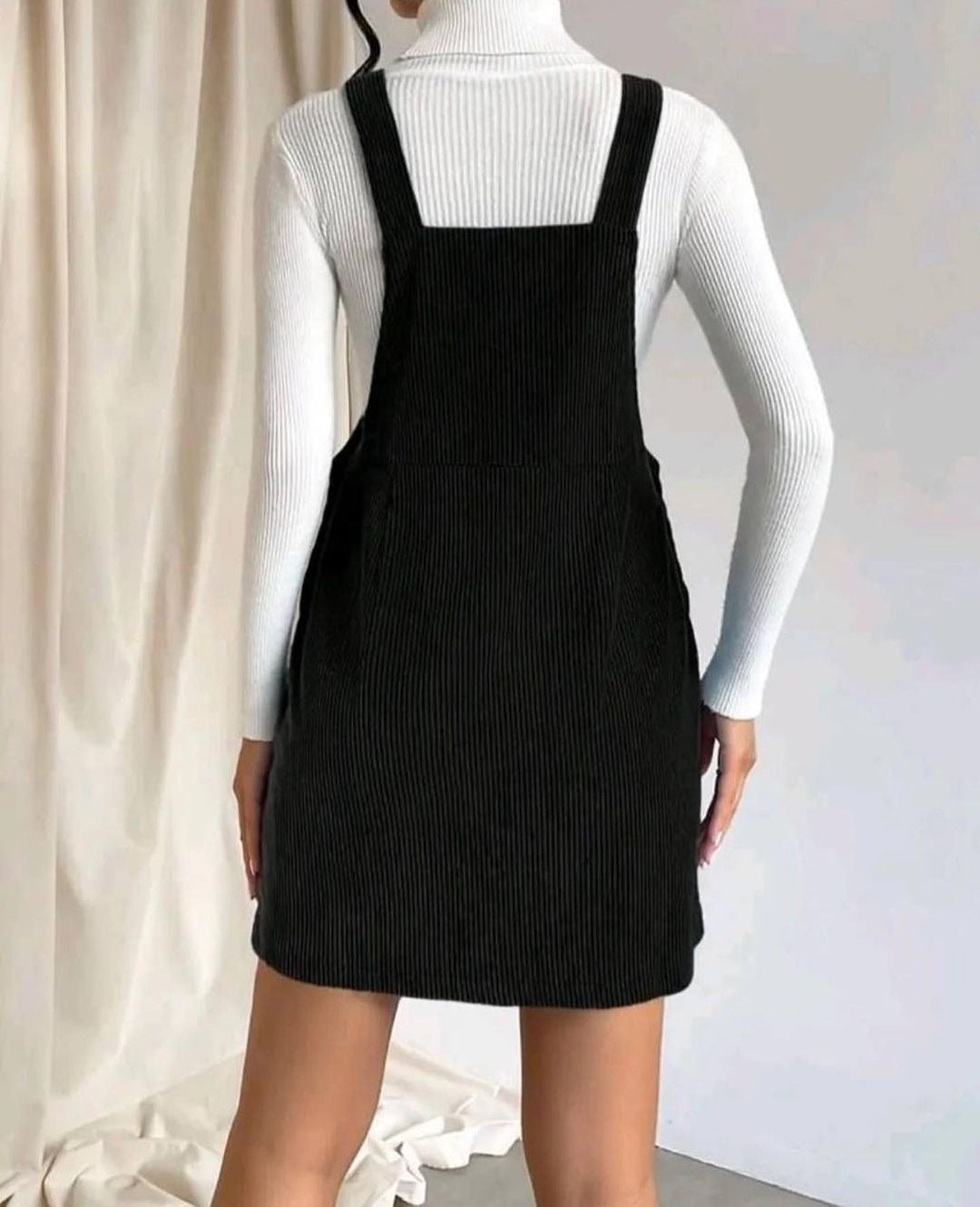 Women’s Midi Dress – Corduroy Ribbed Texture – Relaxed Fit – Adjustable Straps – Casual Wear