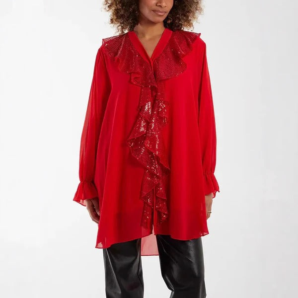Women’s Blouse – Sheer Fabric – Relaxed Fit – Long Sleeve – Ruffle Front Sparkle