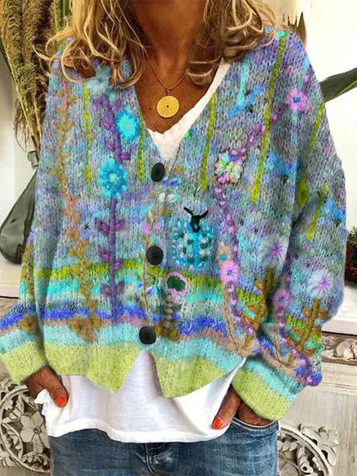 Women’s Cardigan – Oversized Fit – Chunky Knit – Abstract Floral – Button Front