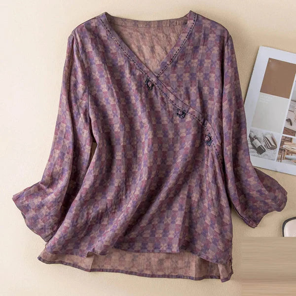 Women’s Blouse – Relaxed Fit Cotton Blend – V-Neck Faux Wrap – Long Sleeve Printed