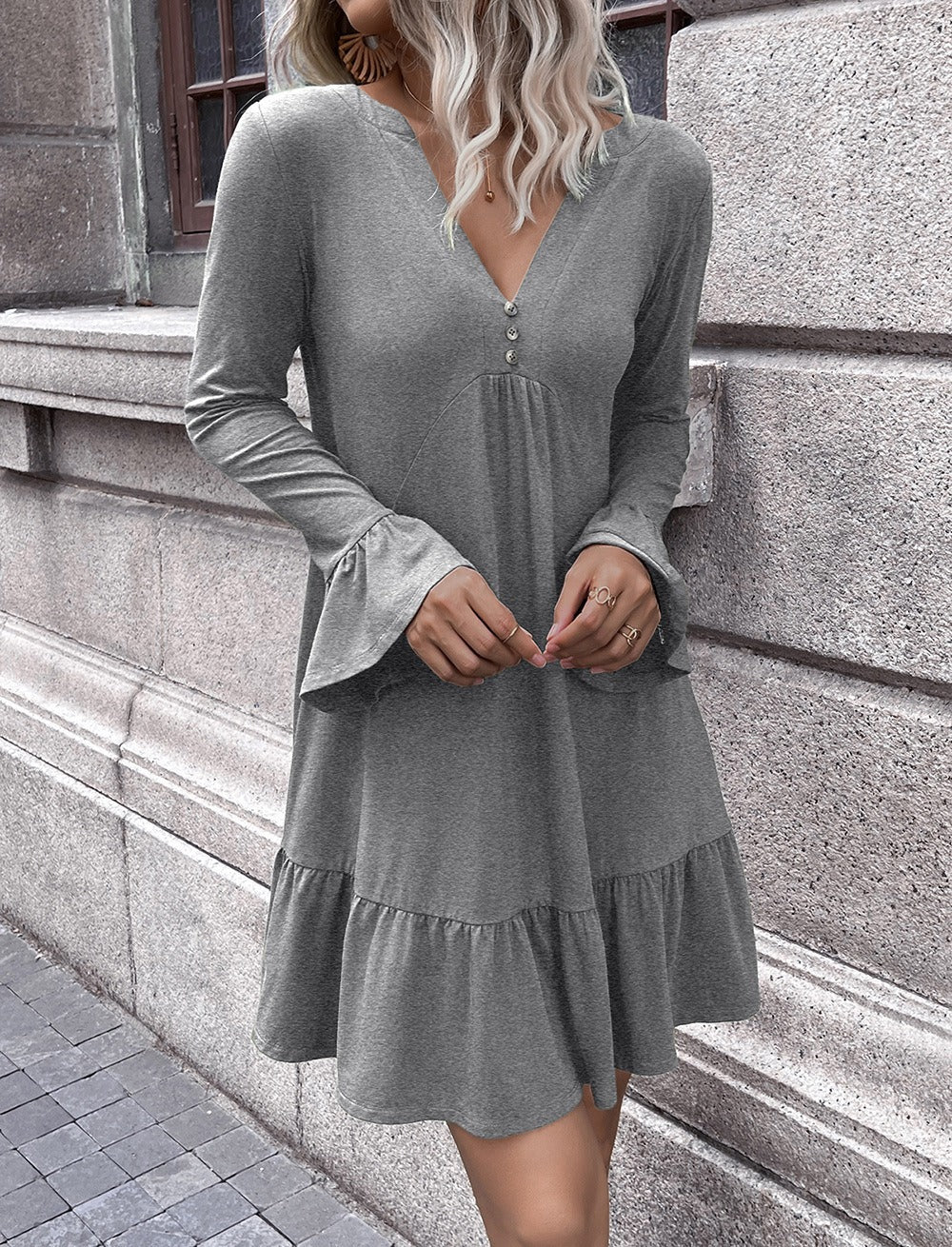 Women’s Midi Dress - Above-Knee - Relaxed A-Line - Cotton - V-Neck Bell Sleeves