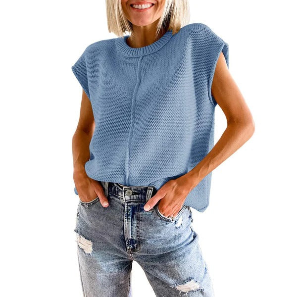 Women’s Sleeveless Knitted Top – Relaxed Fit – Ribbed Neckline – Cotton Blend