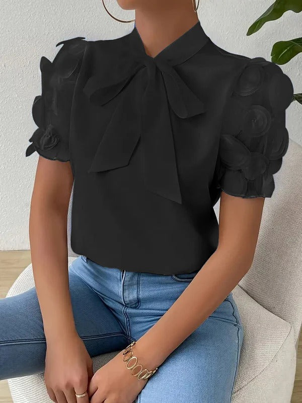 Women’s Blouse – Regular Fit – Sheer Puff Sleeves – Bow Neck – Draped Fabric