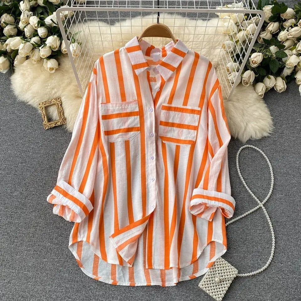 Women’s Shirt Jacket – Loose Fit – Cotton Blend – Button Down – Vertical Stripes
