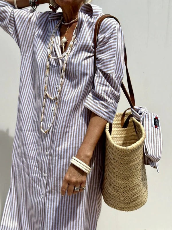 Women’s Blouse Dress – Tailored Fit – Striped – Cotton Blend – Belted Midi Length
