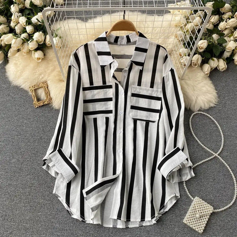 Women’s Shirt Jacket – Loose Fit – Cotton Blend – Button Down – Vertical Stripes