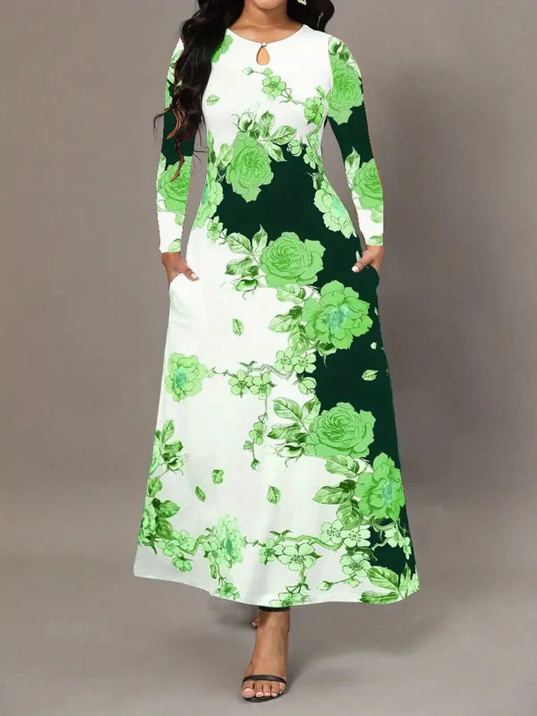 Women's Maxi Dress - A-Line Fit - Keyhole Neckline - Pockets