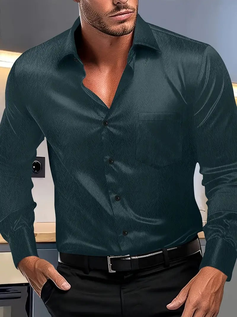 Men’s Button-Up Shirt – Slim Fit – Silky Texture – Spread Collar – Chest Pocket – Long Sleeves