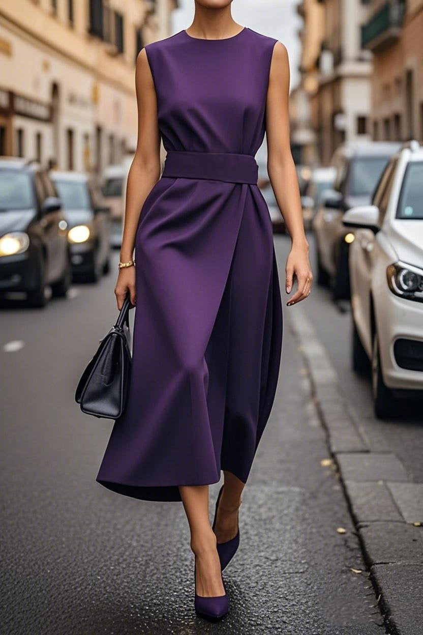 Women’s Midi Dress – Sleeveless High Neck – Fitted Waist – Flowing A-Line Silhouette