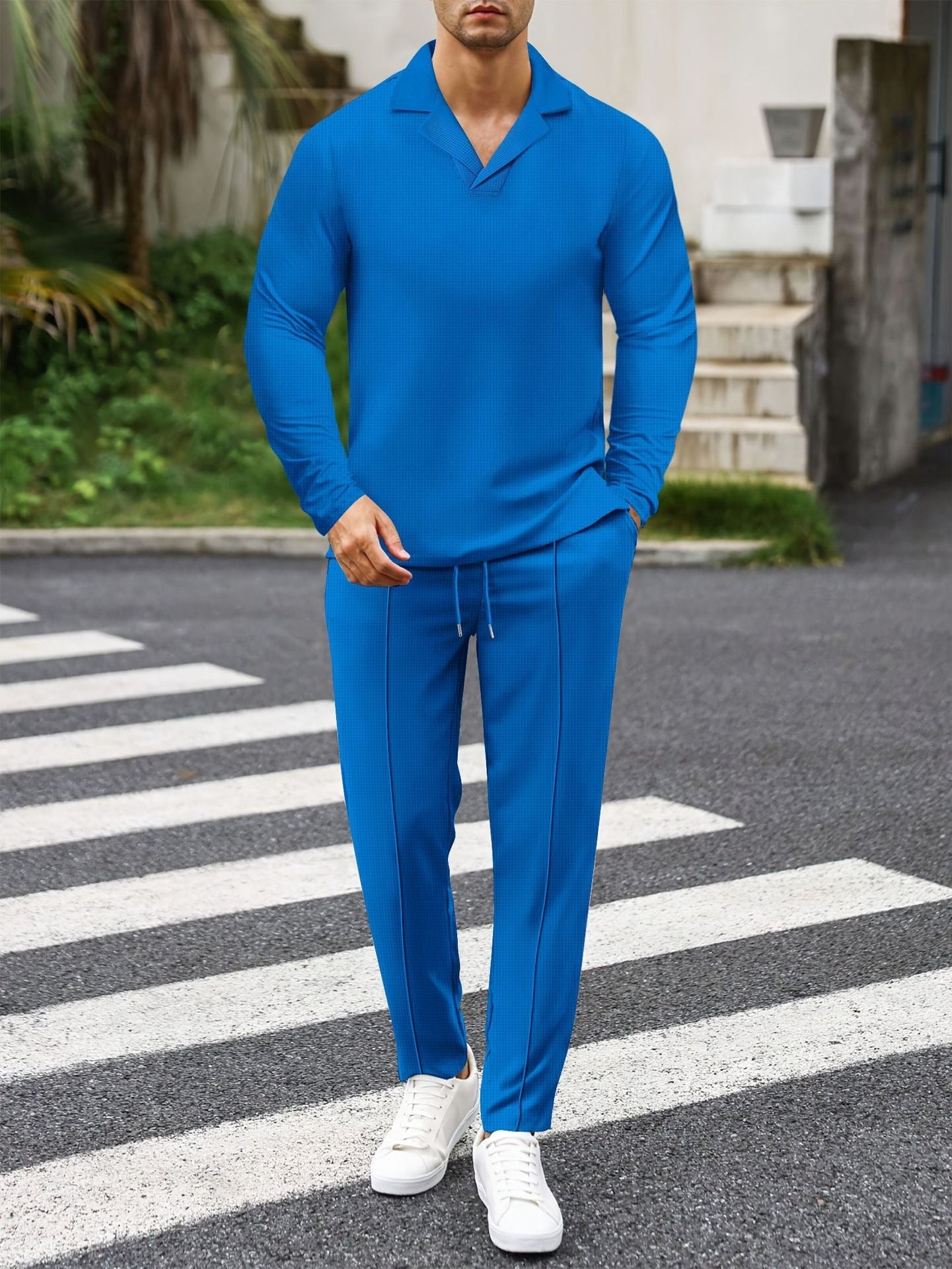 Men’s Waffle Knit Set – Slim Fit – Suit Collar Top – Drawstring Full-Length Pants