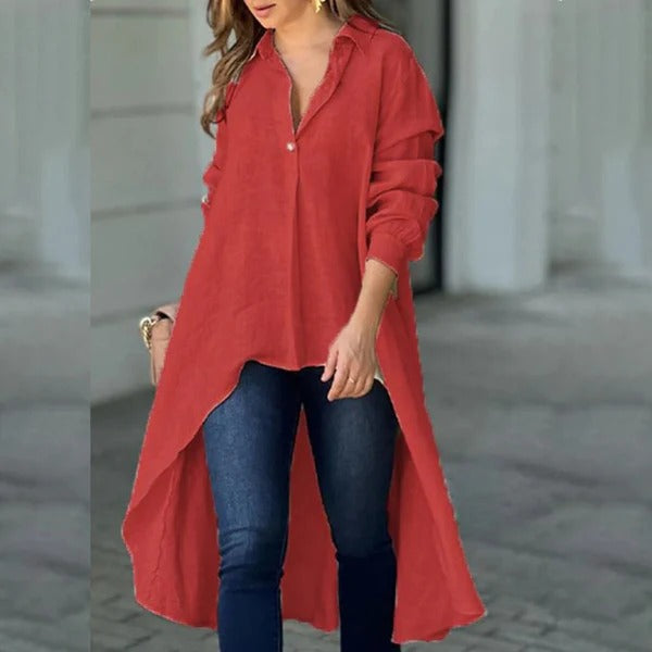 Women’s Blouse – Relaxed Fit – Cotton Blend – Long Sleeve – High-Low Hem – Collar Detail
