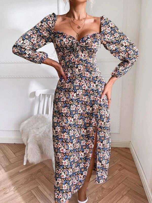 Women's Maxi Dress - Sweetheart Neckline - Ruffle Detail