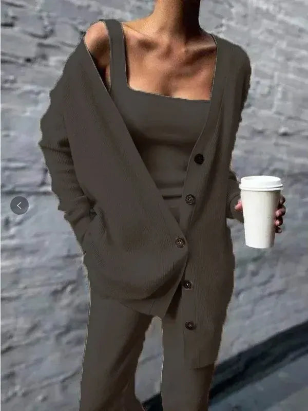 Women’s Lounge Set – Wool Blend Knit – Relaxed Fit – V-Neck – Button Front – Long Sleeve