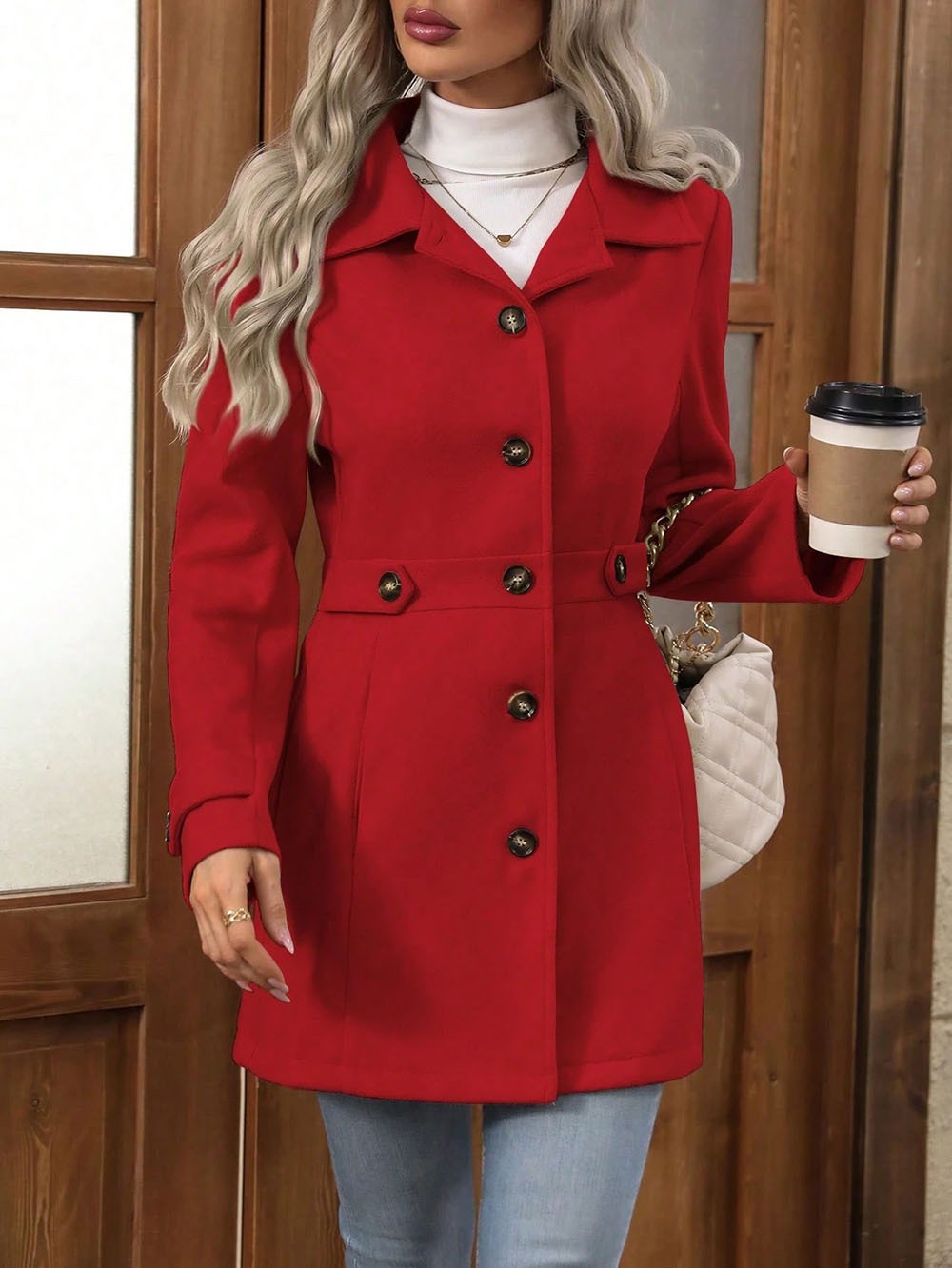 Women’s Wool Coat – Slim Fit – Tailored Waist – Lapel Collar – Button Front