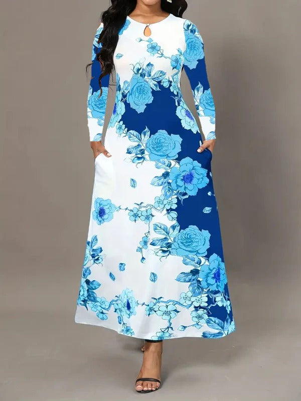 Women's Maxi Dress - A-Line Fit - Keyhole Neckline - Pockets