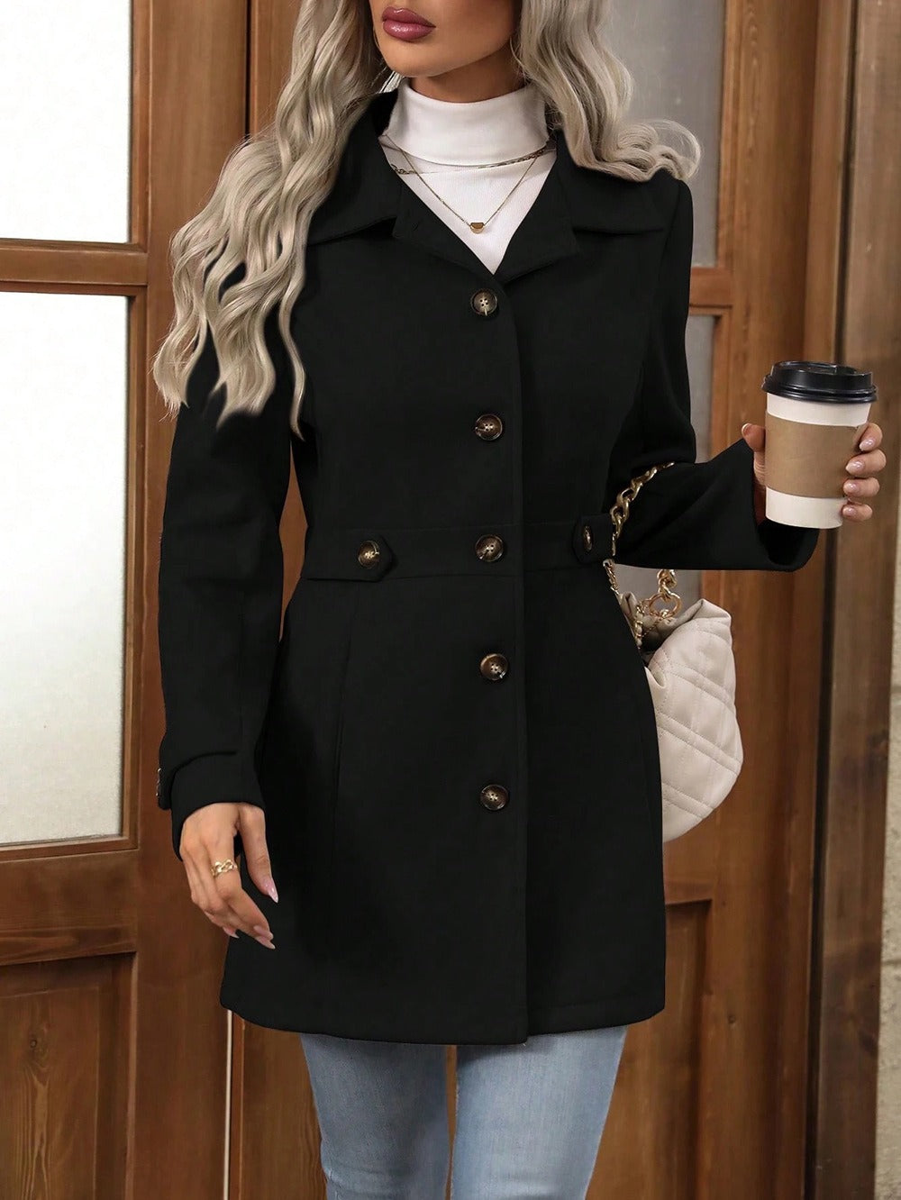 Women’s Wool Coat – Slim Fit – Tailored Waist – Lapel Collar – Button Front