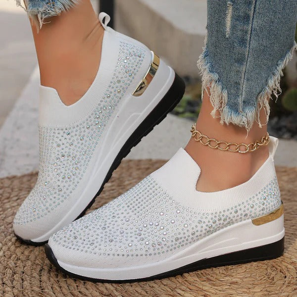Women’s Slip-On Sneakers – Knit Upper – Glitter Detail – Cushioned Sole – Low Top