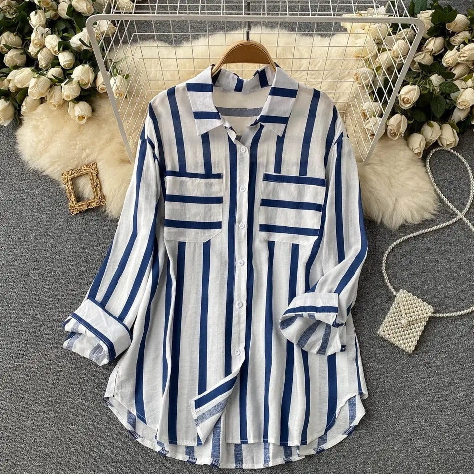 Women’s Shirt Jacket – Loose Fit – Cotton Blend – Button Down – Vertical Stripes