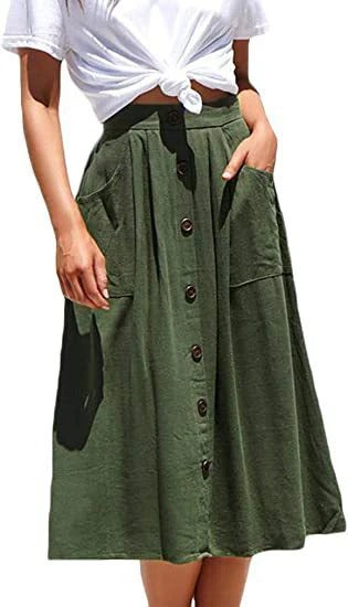 Women's Midi Skirt - A-Line Silhouette - Front Buttons - Side Pockets