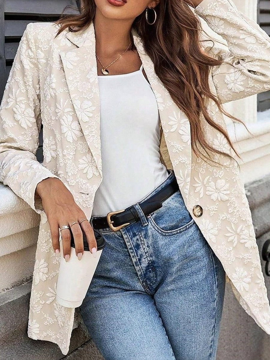 Women’s Blazer – Tailored Fit – Longline – Textured Floral Pattern – Single Button