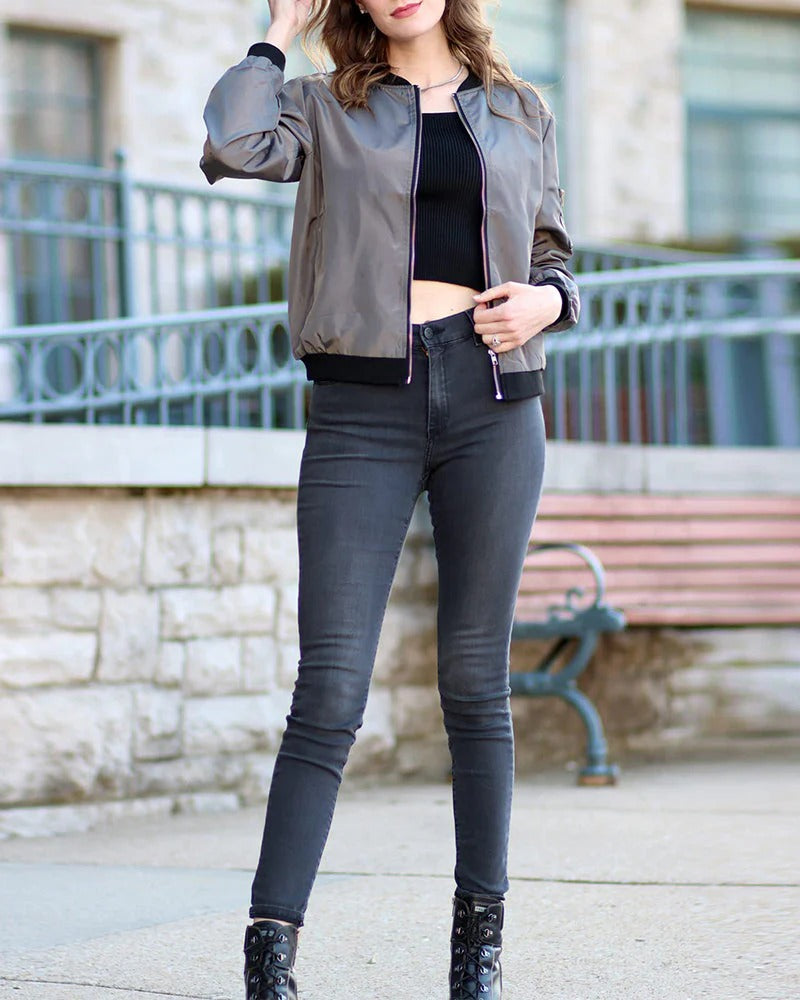 Women’s Bomber Jacket – Relaxed Fit – Wind-Resistant – Zip Front Casual