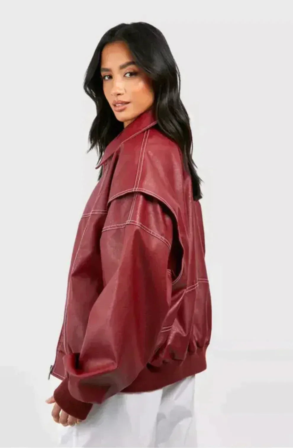 Women’s Leather Jacket – Oversized Fit – Zip Front – Ribbed Cuffs – Hip Length