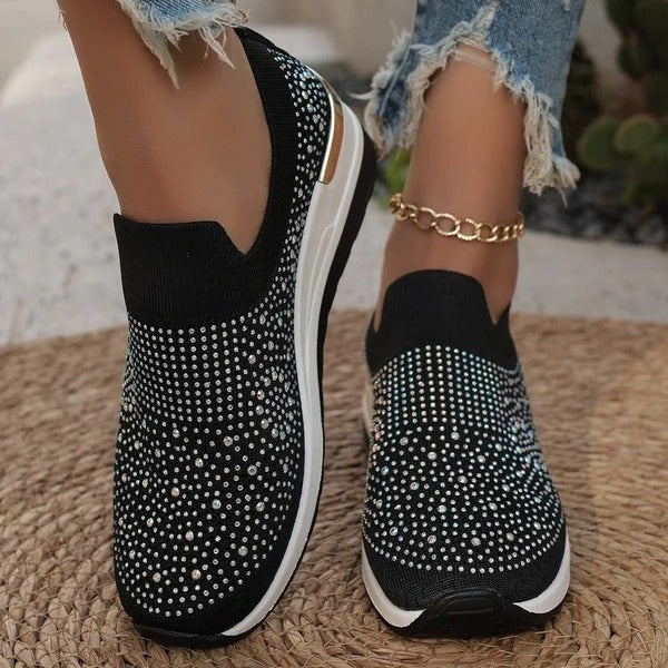 Women’s Slip-On Sneakers – Knit Upper – Glitter Detail – Cushioned Sole – Low Top