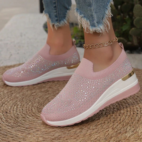 Women’s Slip-On Sneakers – Knit Upper – Glitter Detail – Cushioned Sole – Low Top