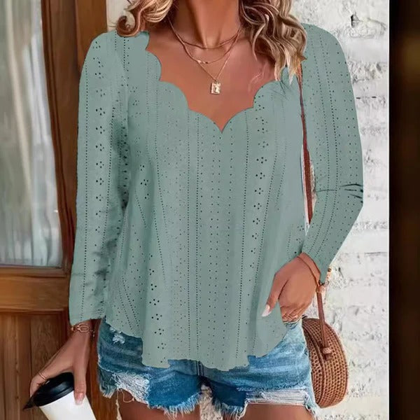 Women's Blouse - Cotton - Relaxed Flowing Silhouette - Scalloped Neckline