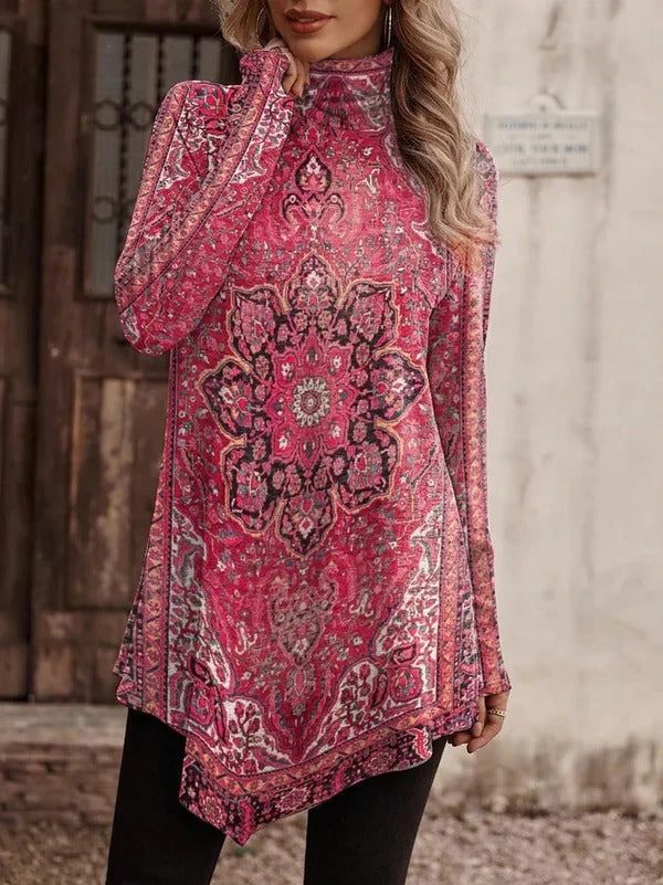 Women’s Tunic Blouse - Knit - Relaxed Fit - Stand Collar - Asymmetrical Hem