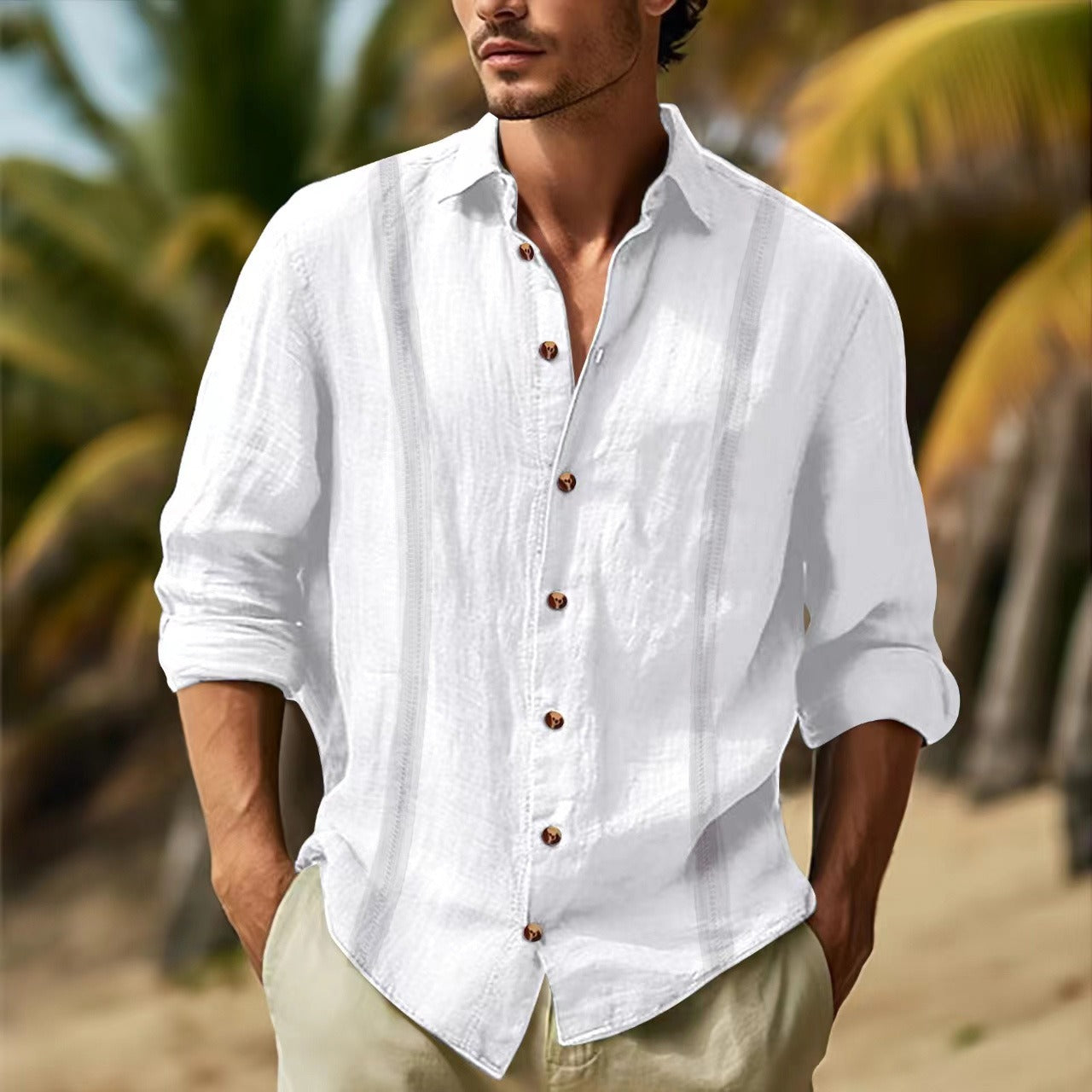 Men’s Long Sleeve Shirt – Cotton Linen – Relaxed Fit – Button-Up – Casual Style