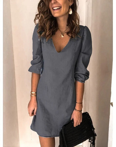 Women’s Denim Dress - Fitted Silhouette - Deep V-Neck - Puff Sleeve