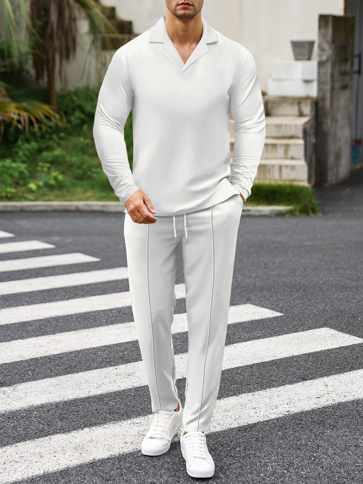 Men’s Waffle Knit Set – Slim Fit – Suit Collar Top – Drawstring Full-Length Pants
