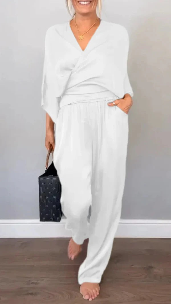 Women’s Wrap Set – V-Neck Top – Satin Feel – Wide-Leg Pants – Relaxed Fit
