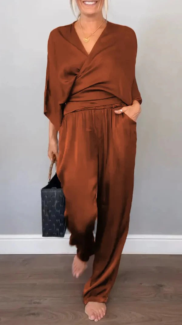 Women’s Wrap Set – V-Neck Top – Satin Feel – Wide-Leg Pants – Relaxed Fit