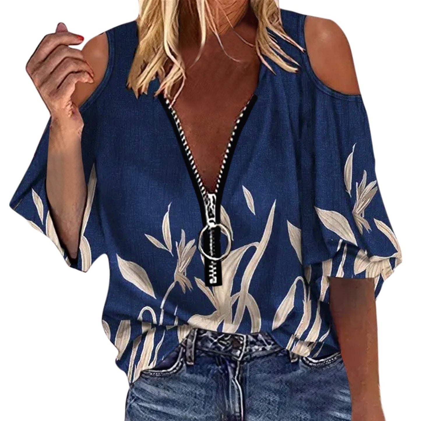 Women’s Off-Shoulder Blouse – Loose Fit – Zipper Front – Artistic Print – Long Sleeve
