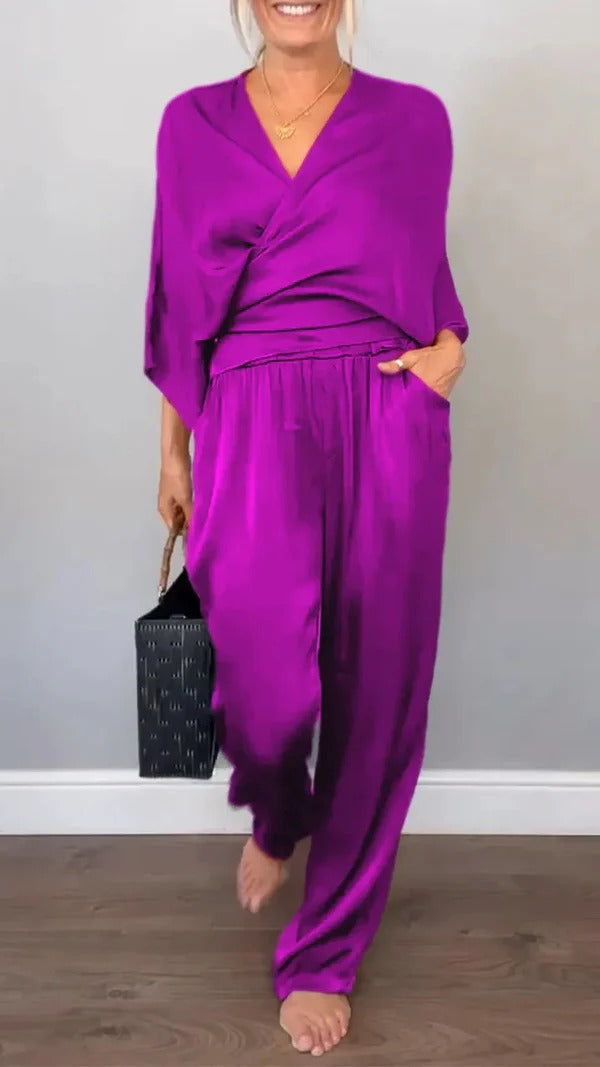 Women’s Wrap Set – V-Neck Top – Satin Feel – Wide-Leg Pants – Relaxed Fit