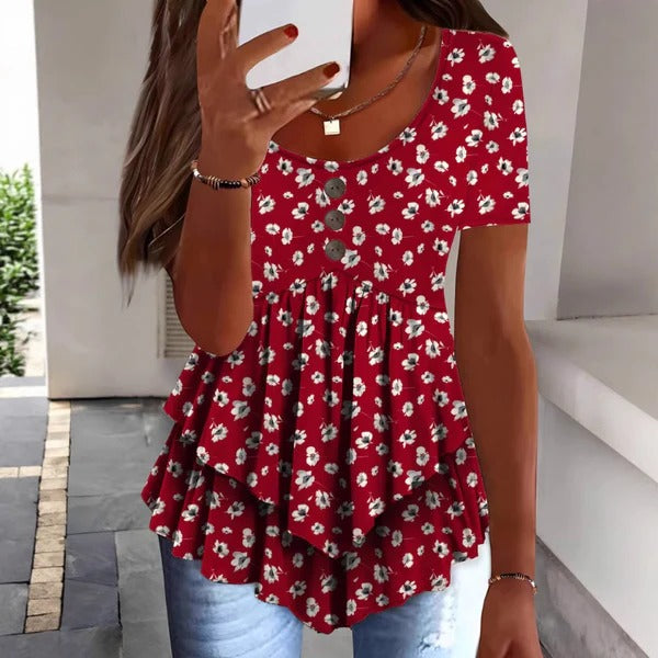 Women’s Blouse – Relaxed Fit – Cotton Blend – Ruffle Hem – Button Front – Floral Print