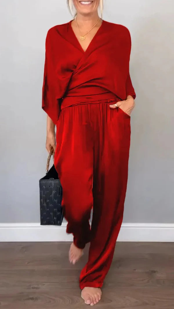 Women’s Wrap Set – V-Neck Top – Satin Feel – Wide-Leg Pants – Relaxed Fit