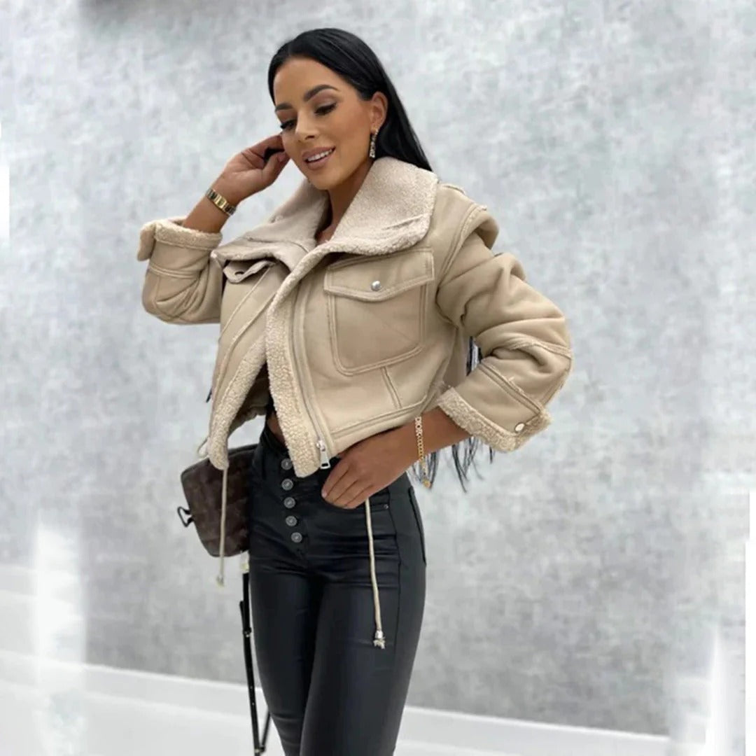 Women’s Cropped Jacket – Faux Leather – Shearling Lined – Oversized Tailored Fit