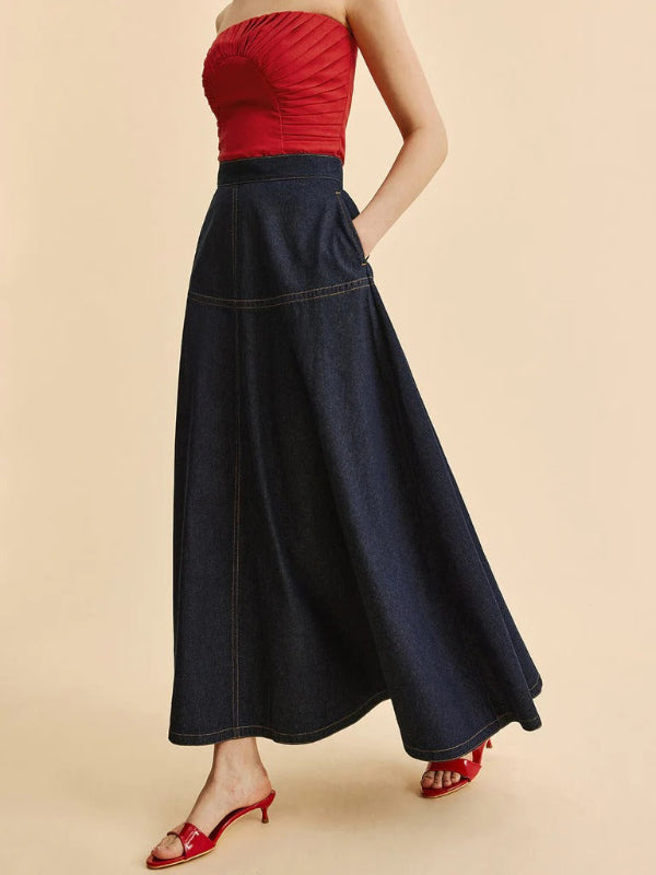 Women’s High Waist Maxi Skirt - Denim - Side Pockets - Contrast Topstitching