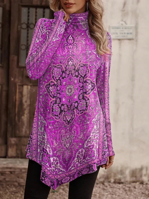 Women’s Tunic Blouse - Knit - Relaxed Fit - Stand Collar - Asymmetrical Hem